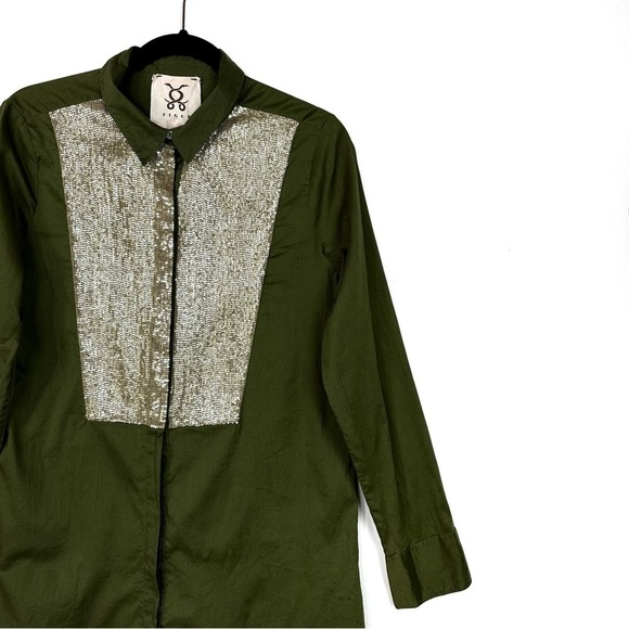 Figue Silver Sequins Embellished Button Down Shirt Tunic In Olive Green Size M - Picture 3 of 10